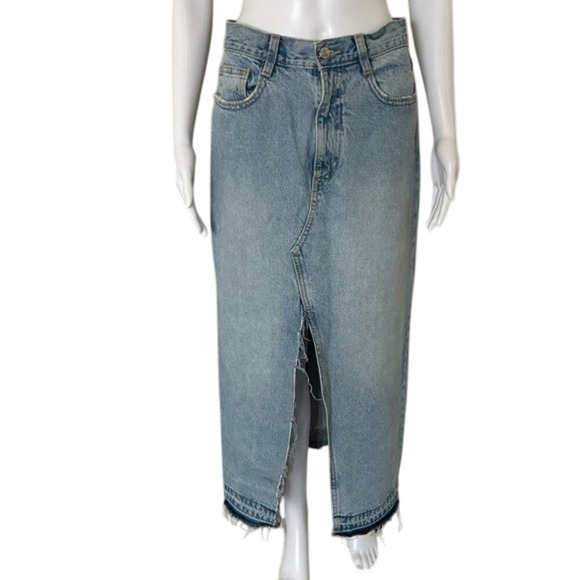 Zara Long Distressed Raw Hem High Waist Maxi Denim Jean Skirt Size Small - Picture 2 of 12